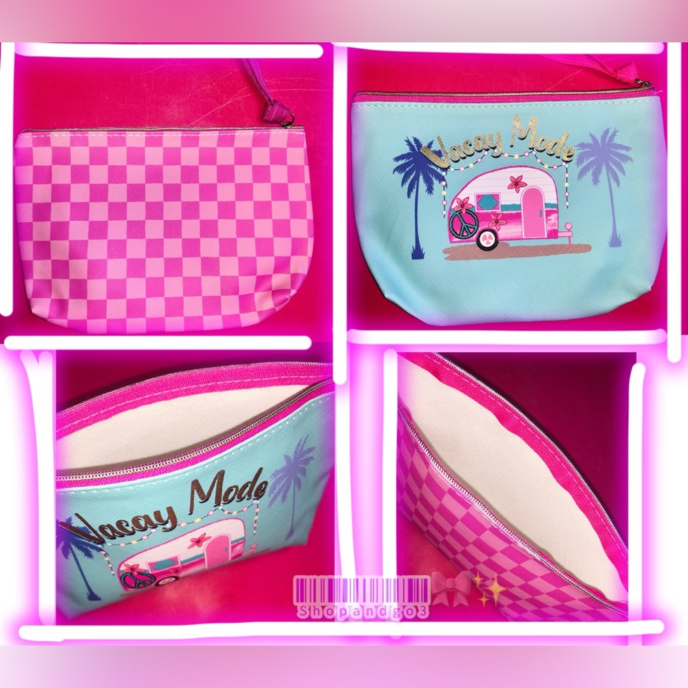 Vacay Mode Cosmetic Pouch Pink Aqua MakeUp Beauty Lipgloss Mirror IPhone Parfume